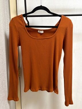 Ten Tree Ribbed Square Neck Long Sleeve Top in Rusty Brown Size Large